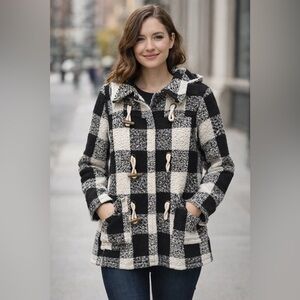 Forever 21 Black and Cream Plaid Pea Coat
